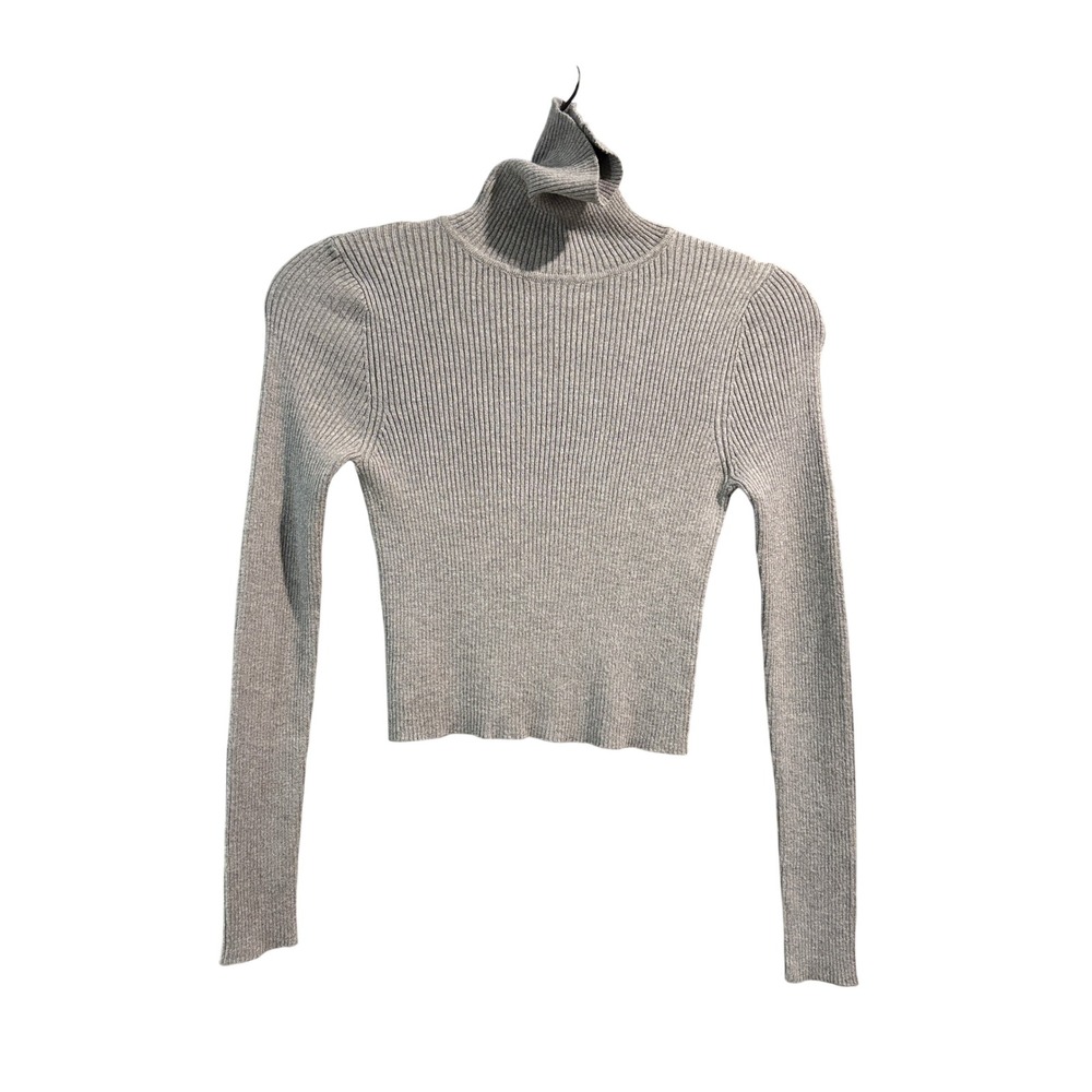Ambiance Apparel Gray Ribbed Knit Cropped Turtleneck Sweater Size Medium